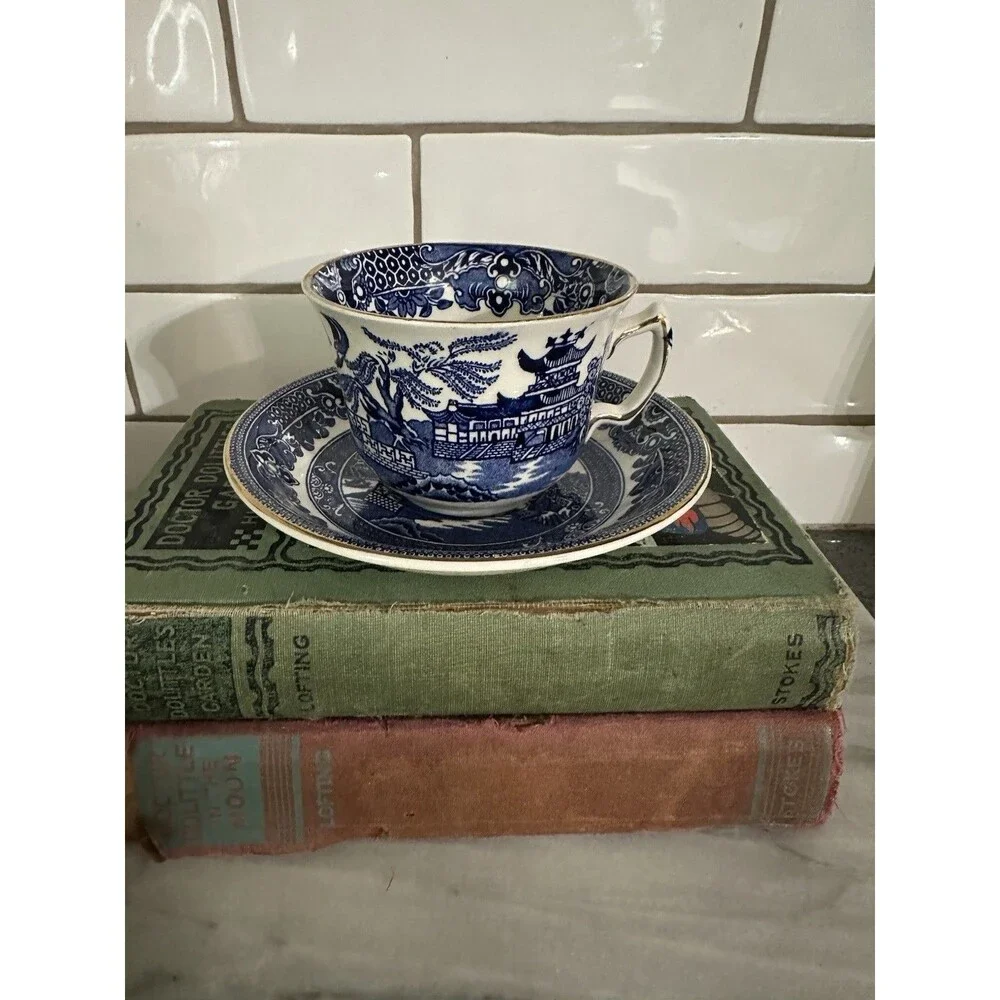 Vintage Burleigh Ware Blue Willow Coffee Tea Cup Saucer Made in England Gilt